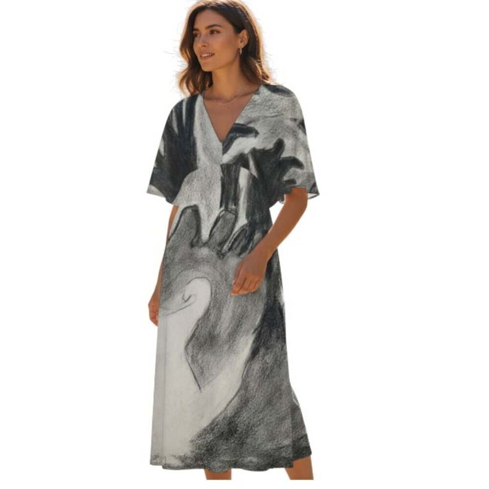 Raise Your Hand V-Neck Dress Artistic Black & White Sketch
